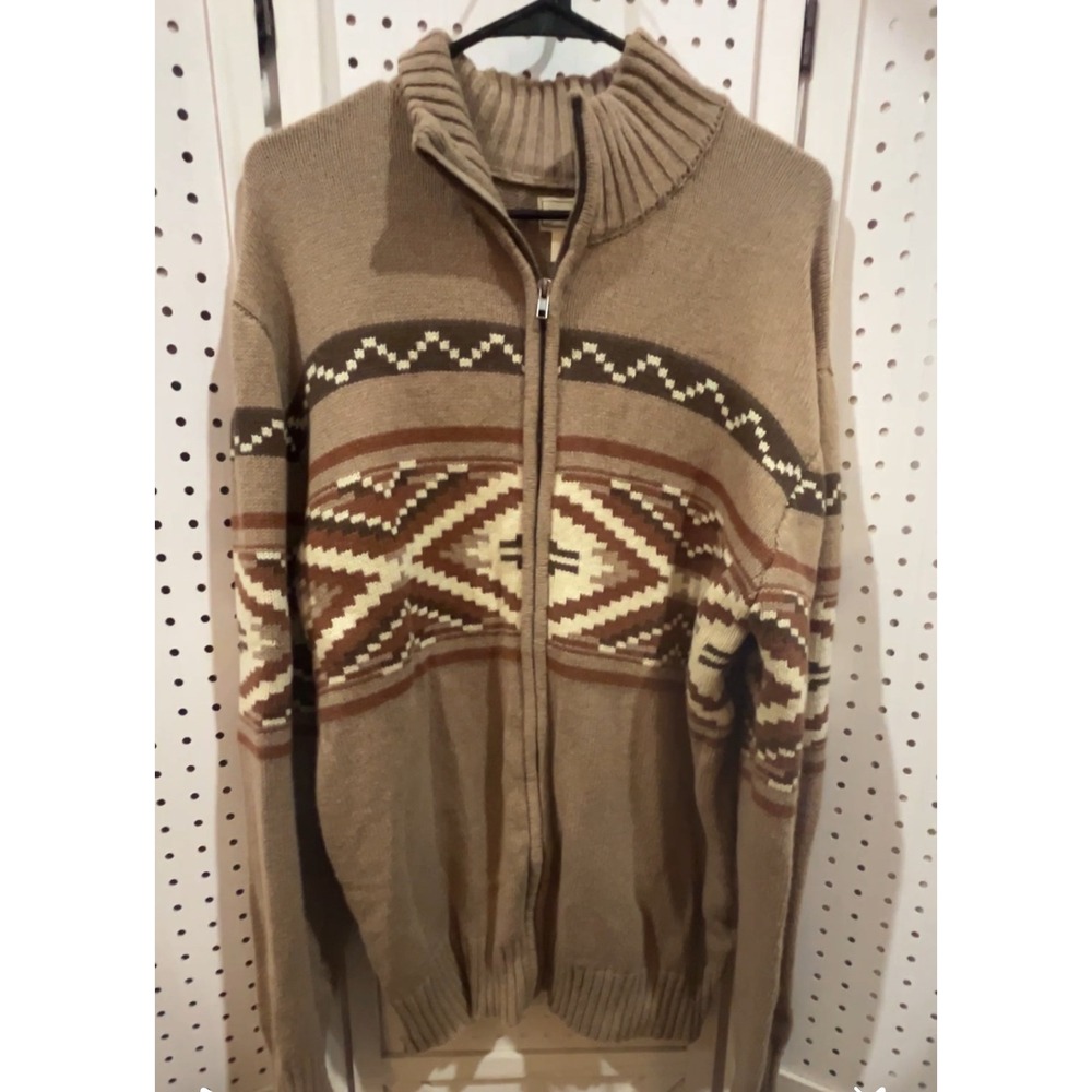 Stetson Mens Southwestern Aztec Full Zip Knit Sweater Jacket Brown Tan Size L